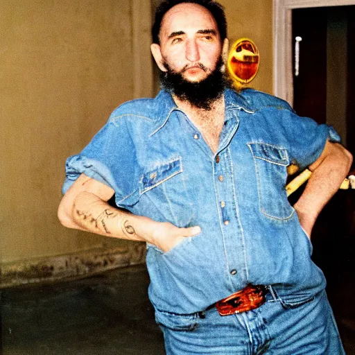 Image similar to fidel castro wearing denim shorts, full body portrait, 3 5 mm film, by nan goldin