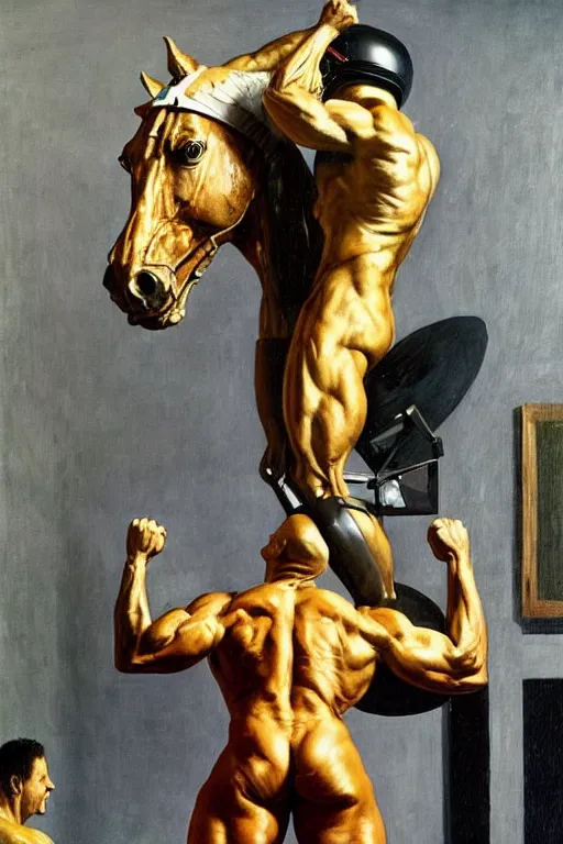 Image similar to bodybuilder in an astronaut helmet lifts a statue of a horse, highly detailed painting by francis bacon, edward hopper, adrian ghenie, gerhard richter, and james jean soft light 4 k,