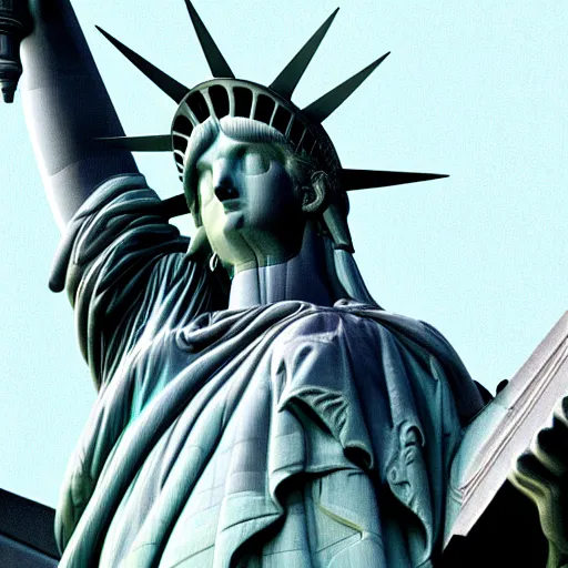 Prompt: photo of a grey steel-colored statue of liberty