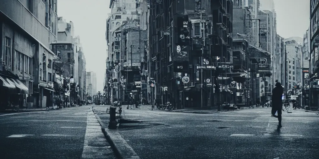 Image similar to city street, a person in center frame, future retro, cinematic, atmospheric, blue and grey tones, cinematography by greig fraser