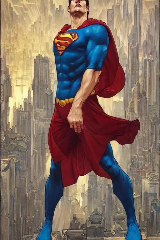 Image similar to portrait of superman, urban center, thinker pose, full body, powerful, fantasy, intricate, elegant, highly detailed, digital painting, artstation, concept art, sharp focus, illustration, art by artgerm and greg rutkowski and alphonse mucha