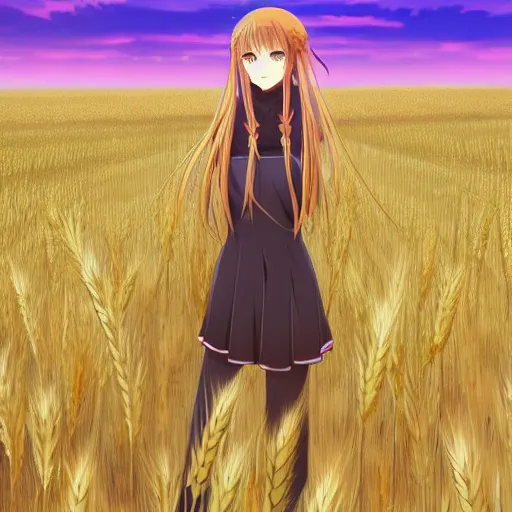 Image similar to anime illustration of Holo from Spice and Wolf standing in a wheat field at sunset, Holo is a wolf girl, high detail, trending on pixiv