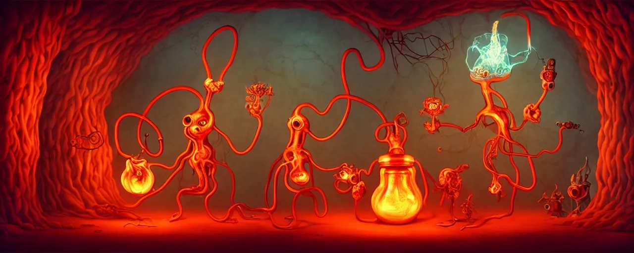 Prompt: whimsical weird chthonic alchemist creatures inside a visceral arterial alchemical lab within the left ventricle of a human heart, dramatic lighting fiery red lighting, surreal fleischer cartoon characters, surreal painting by ronny khalil