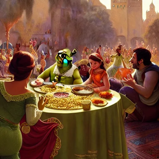 Image similar to shrek eats couscous with his family at a moroccan festival while everyone dances in joy, highly detailed, digital painting, artstation, concept art, sharp focus, illustration, art by greg rutkowski and alphonse mucha