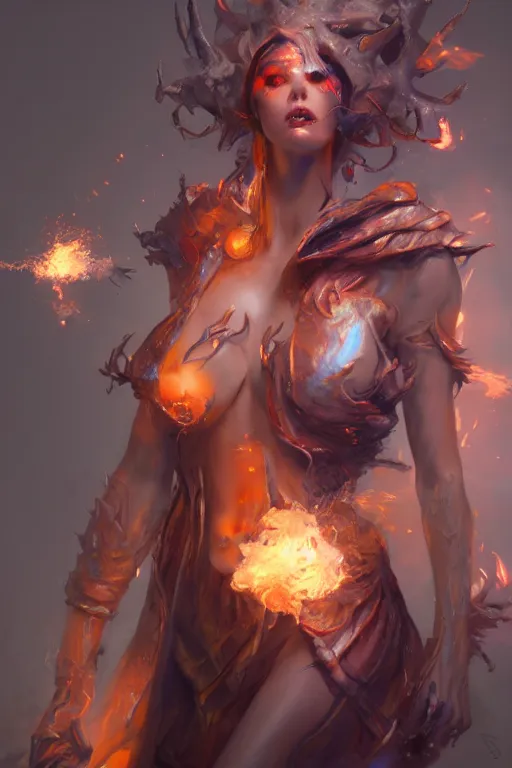 Image similar to torso closeup beautiful girl necromancer, witch - doctor exploding into space casting spell, angels, 3 d render, hyper - realistic detailed portrait, holding fire and electricity, ruan jia, wlop. scifi, fantasy, magic the gathering, hyper detailed, octane render, concept art, peter mohrbacher