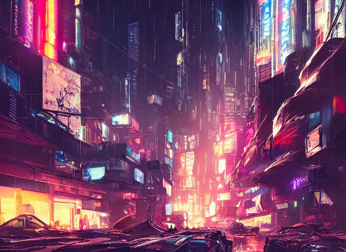 Image similar to meteorite hitting a cyberpunk city at night by wlop, key visual, high detail, digital art