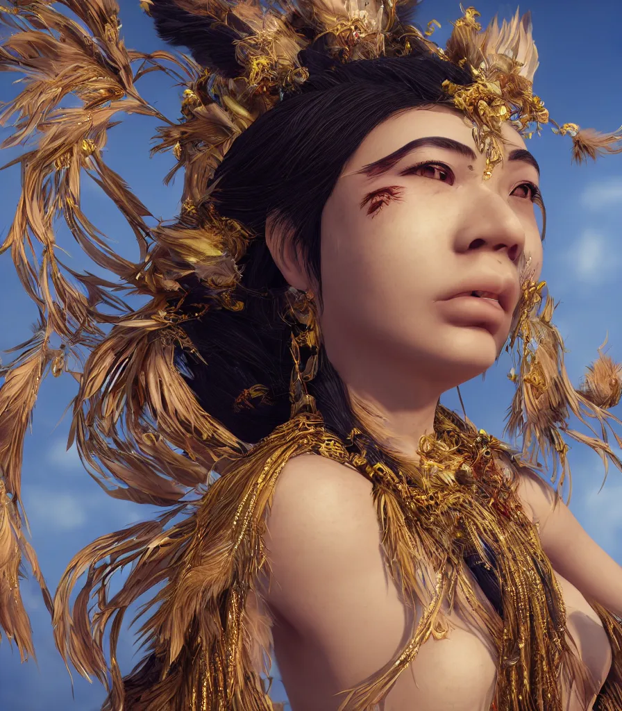 Image similar to closeup photoshoot of asian goddess of bliss and honey, feathers hair, silk flowing in wind, totemic ritualistic tarot sigils embedded in ruby skin, photoreal, unreal engine, redshift render, trending on artstation