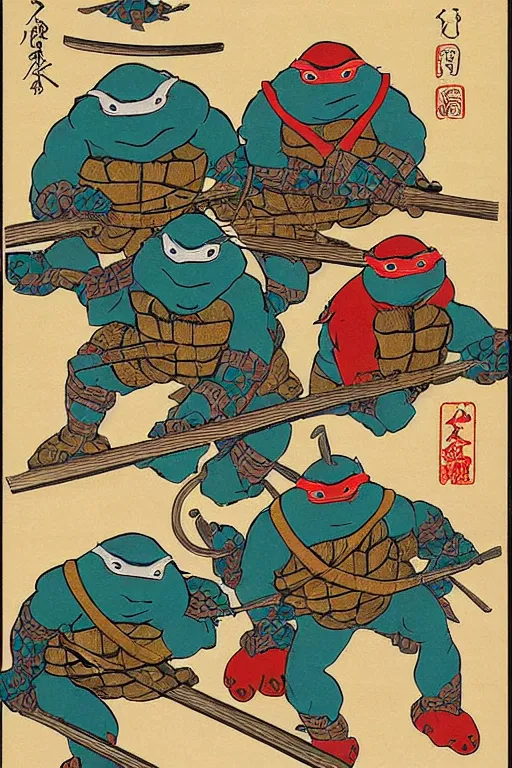 Image similar to Four Teenage Mutant Ninja Turtles, Japanese ukiyo-e ukiyo-ye woodblock print, by Moronobu