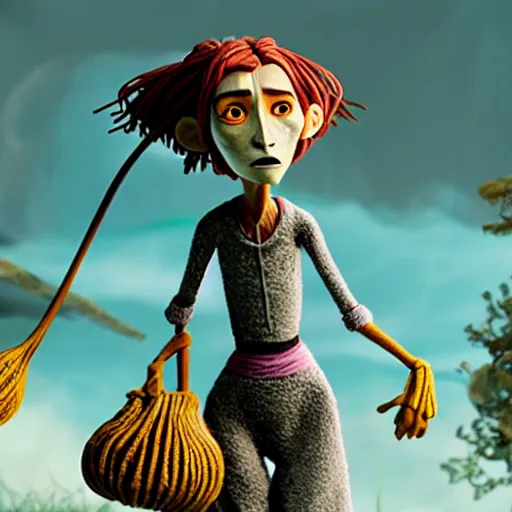 Prompt: a stopmotion animation character, a beautiful canadian woman, pulling weeds out frantically, some grey hair, stripey pants, octane render, 8 k, kubo and the two strings, german expressionism