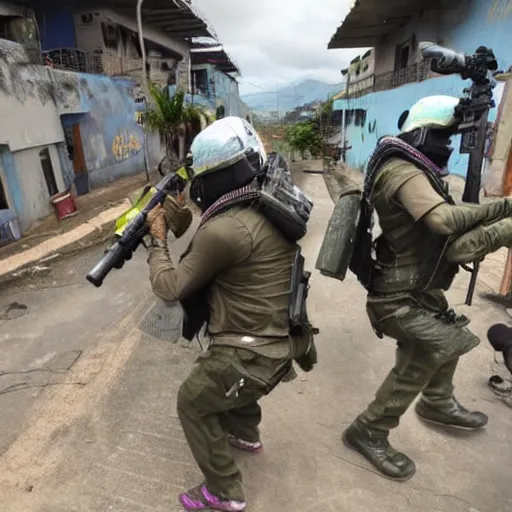 Prompt: aliens invaded favela with heavy guns