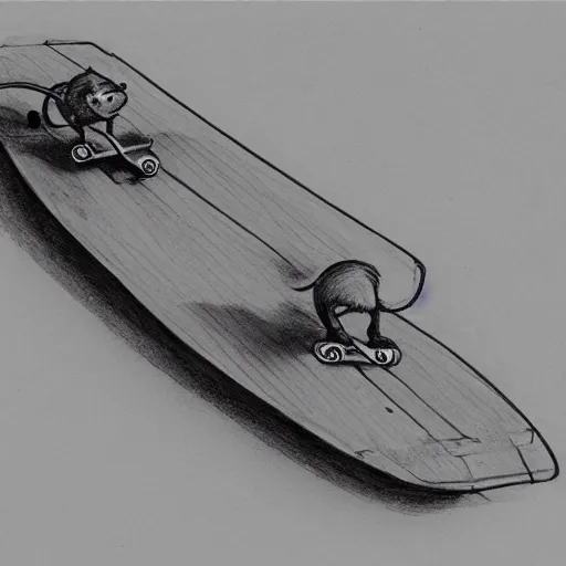 Image similar to sketch drawing of a rat in tokyo riding a skateboard