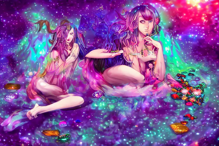 Prompt: degods nft, psychedelic, whimsical, anime, 4k, beautiful seductive succubus smoking weed, with professional makeup, long trippy hair, a crystal and flower dress, sitting on a reflective pool, surrounded by gems, underneath the stars, rainbow fireflies, trending on patreon, deviantart, twitter, artstation, volumetric lighting, heavy contrast, art style of Greg Rutkowski and Miho Hirano and Ross Tran
