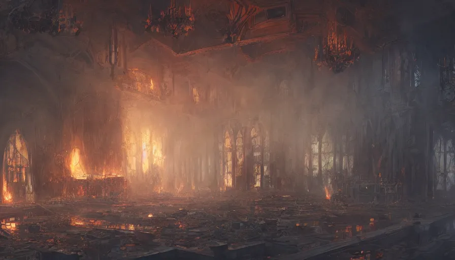 Prompt: painting of the interior of a destroyed white bright magic castle with huge fire, ashes and smoke, hyperdetailed, artstation, cgsociety, 8 k