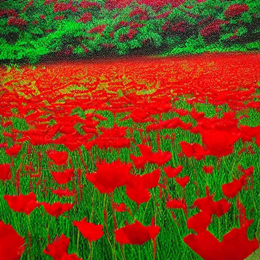 Prompt: a grass field littered with trees and red flowers, digital art, beautiful lighting