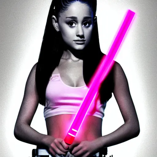 Image similar to A hyper realistic photo of Ariana Grande in the Star Wars universe with two pink lightsabers. Maximum detail on artstation, photo realism