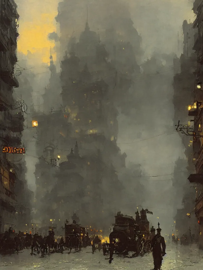 Image similar to a large dieselpunk city street at dusk in russia during the 1 9 1 0 revolution, craig mullins, winslow homer