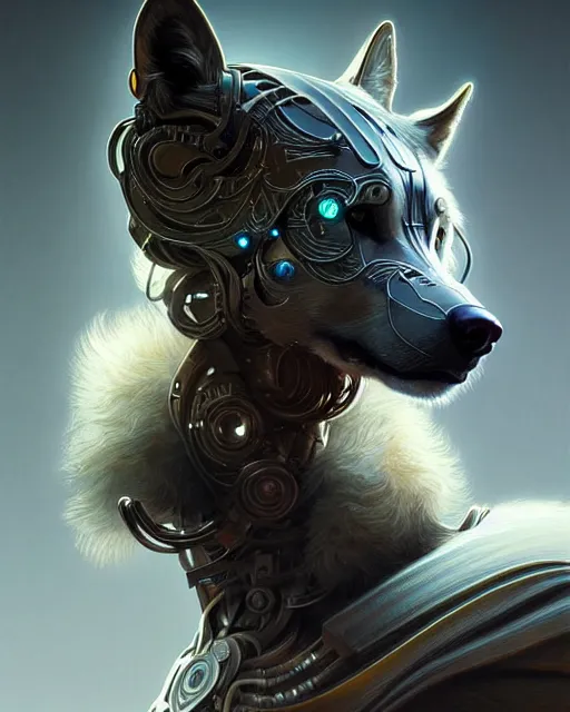 Image similar to a cybernetic wolf, fantasy character portrait, ultra realistic, intricate, elegant, highly detailed, digital painting, artstation, smooth, sharp, focus, illustration, art by artgerm and greg rutkowski and alphonse mucha