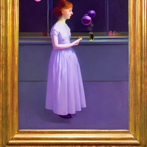 Image similar to a girl with three eyes on 5 translucent luminous spheres, full of floral and berry fillings, in an ocean of lavender color by edward hopper