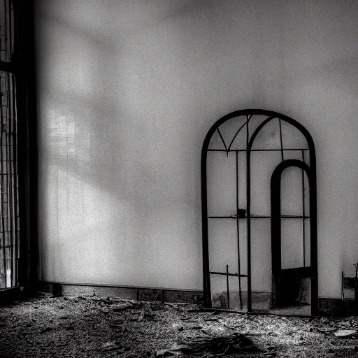 Image similar to a dark photo of a shadow of two people hugging each other in an abandoned hall, there is an open birdcage on the forefront, black and white, long exposure, motion blur