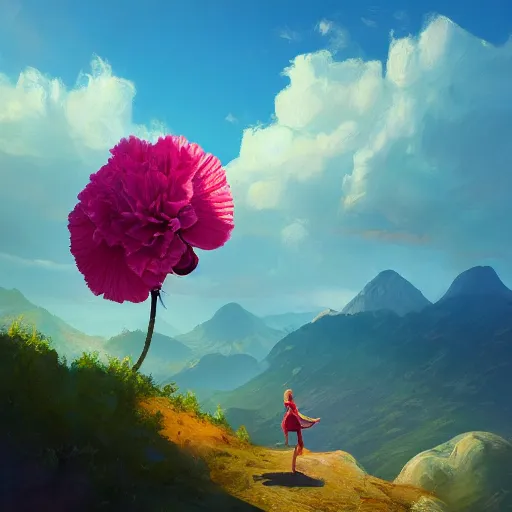 Prompt: giant carnation flower as a head, girl hiking in a canyon, surreal photography, sunrise, dramatic light, impressionist painting, colorful clouds, digital painting, artstation, simon stalenhag