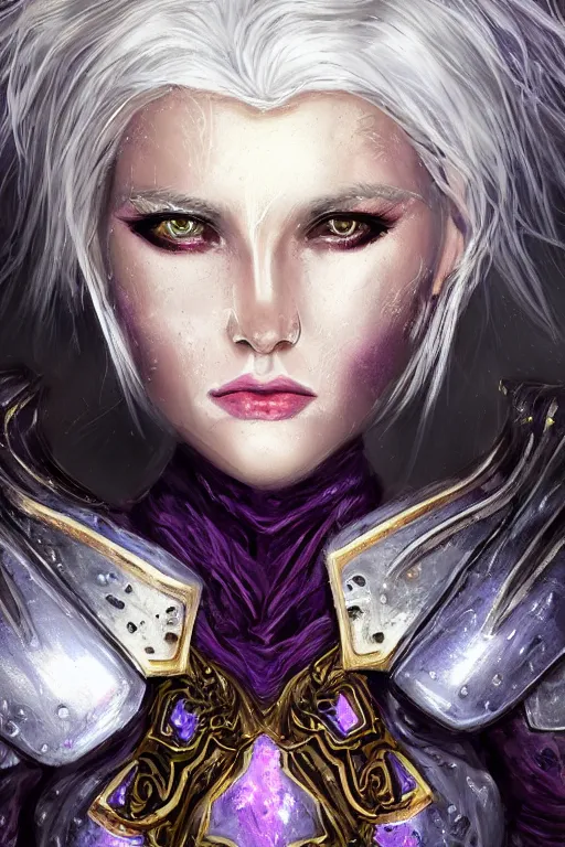 Image similar to portrait evilly knights of Zodiac girl, white hair, seductive eyes and face metalic deep purple and black reflected armor, in ruined Agora of Athens thunder flash night, sparkling, ssci-fi, fantasy, intricate, very very beautiful, elegant, golden light, highly detailed, digital painting, artstation, concept art, smooth, sharp focus, illustration, art by tian zi and WLOP and alphonse mucha