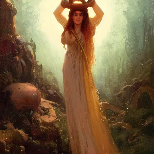 Prompt: A woman holding!!!!! Earth in her palms, enchanting it with a spell, illustrated by Greg Rutkowski and Gaston Bussiere, vividly radiantly beautiful lighting, dazzling dappled lighting, subsurface scattering, light refractions, trending on artstation, 4k, 8k!!!!!