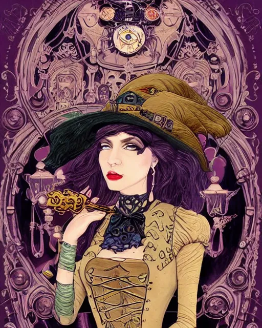 Image similar to a detailed portrait illustration of a steampunk witch - courtesan. looks like kenzie reeves. art nouveau, pop art, comic book style. influenced by neil gaiman, h. p. lovecraft, dan mumford, brian froud, vadim voitekhovitch, killian eng, ross tran.