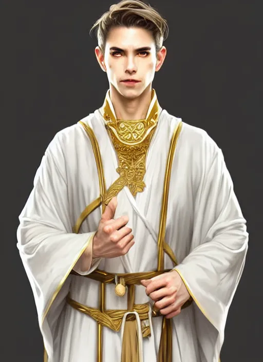 Prompt: symmetry!! d & d portrait of a young hin male cleric, white robe with gold accents, light brown hair pony tail, wry smirk, brown, gold and white cloak, necklace, elegant, highly detailed, digital painting, artstation, concept art, smooth, sharp focus, illustration, art by artgerm and greg rutkowski and alphonse mucha