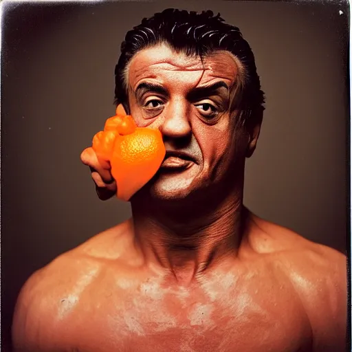 Prompt: hybrid of orange and stallone, funny award - winning photo, rolleiflex tlr