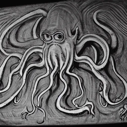 Image similar to an gigantic ancient cave drawing showing Cthulhu