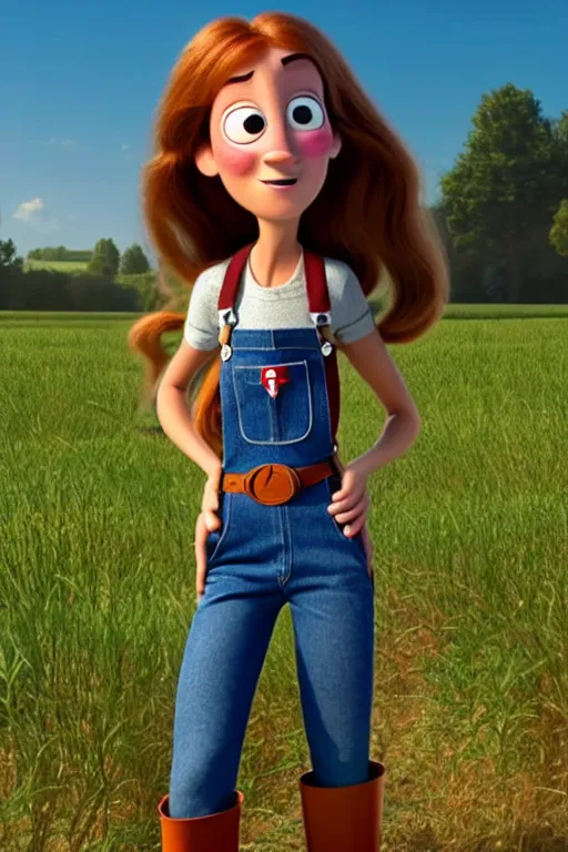 Prompt: complete view of the character design of a beautiful female young farmer with long brown braided hair and the face of elastigirl, wearing blue jean overalls, in the style of pixar, disney