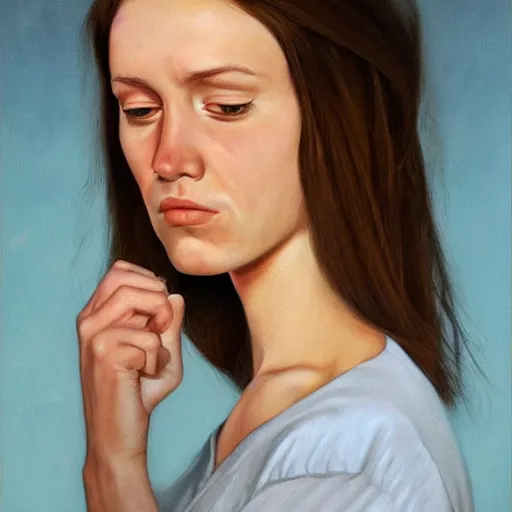 Prompt: a beautiful portrait of a tired, sickly, thin young woman with patchy balding brown hair, by greg hildebrandt