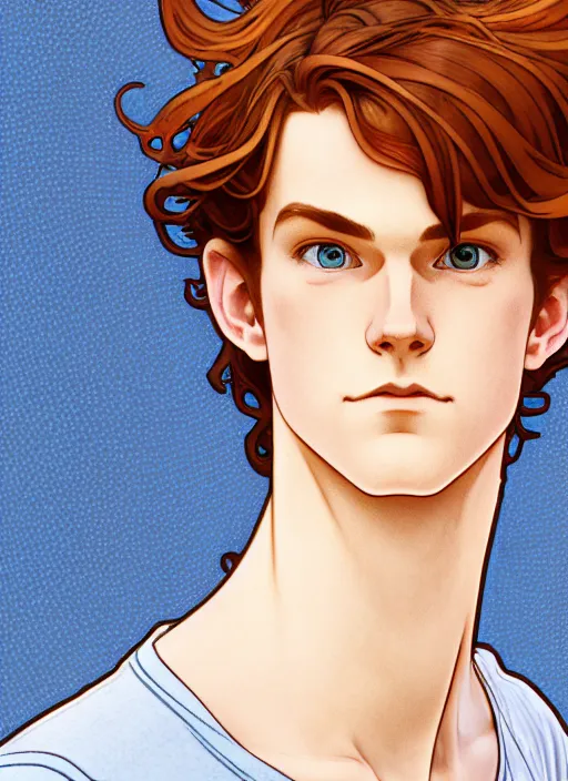 Image similar to well - lit art nouveau portrait of a young man with medium length auburn hair, pale skin, freckles, light blue eyes, casual clothes, natural lighting, path traced, highly detailed, high quality, cartoon, digital painting, by don bluth and ross tran and studio ghibli and alphonse mucha