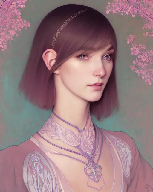 Prompt: portrait of a beautiful half elf girl with short pink layered bob haircut, intricate, elegant, highly detailed, digital painting, artstation, concept art, smooth, sharp focus, illustration, art by artgerm and greg rutkowski and alphonse mucha and uang guangjian and gil elvgren and sachin teng and wlop, symmetry