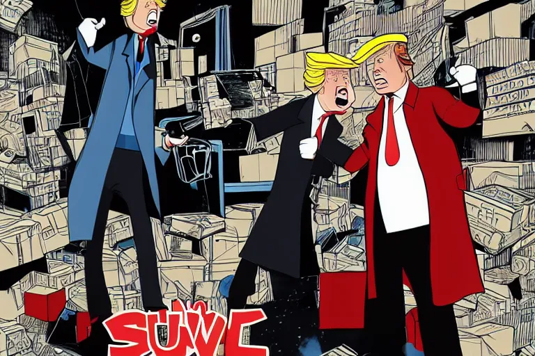 Image similar to 2 d poster illlustration donald trump and donald trump wearing trenchcoats and black spy hats, stacks of boxes everywhere and a safe broken open for the movie spy vs spy