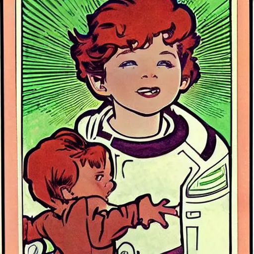 Image similar to a cute little boy with a mischievous face and short ginger hair. he is dressed as an astronaut. well composed, clean elegant painting, beautiful detailed face. comic book art by steve ditko and jack kirby and ( alphonse mucha )