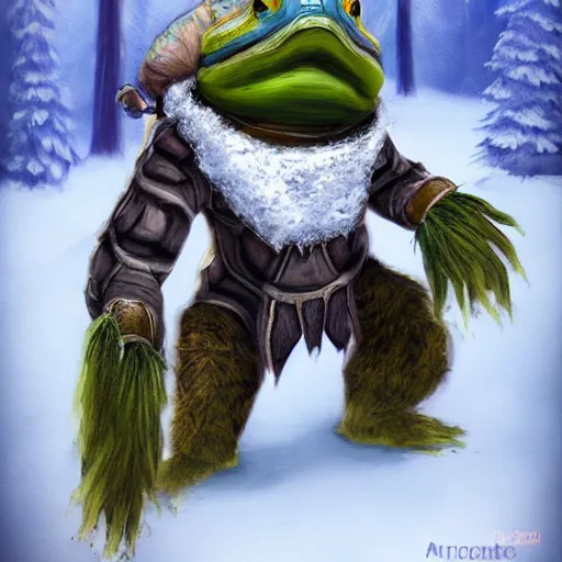 Image similar to anthropomorphic turtle humanoid, carapace, azamat khairov, blizzard, winter, night, furs, fantasy