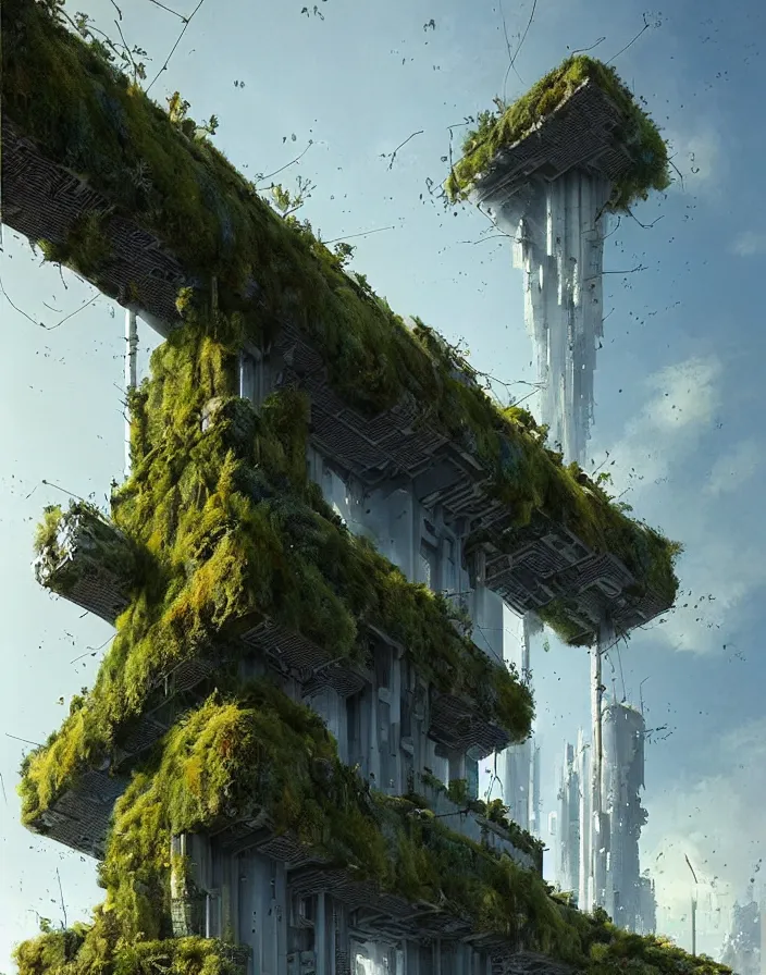 Image similar to concrete architecture with moss and ivy growing all over, many antennas and towers, futuristic, late afternoon light, wispy clouds in a blue sky, by frank lloyd wright and greg rutkowski and ruan jia