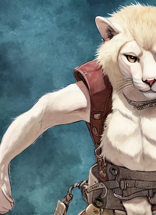 Image similar to character portrait of a albino mountain lion wearing miner's clothes. hidari, color page, tankoban, 4K, tone mapping, Akihiko Yoshida.