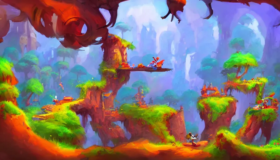 Image similar to landscape painting for animation in the style of rayman game, environment design, lively, joyful, colorful, jungles, cities, highly detailed