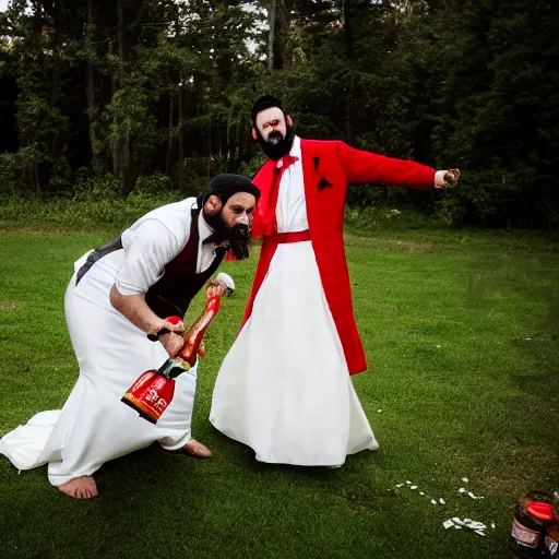 Image similar to evil bearded man in wedding dress attacking with a bottle of sriracha