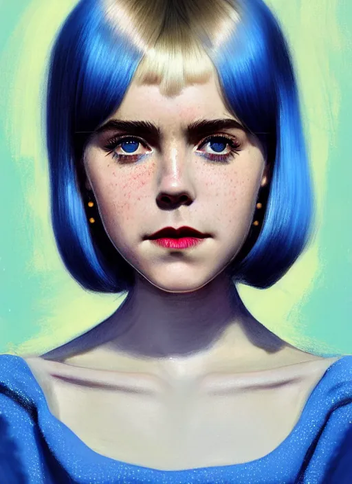 Image similar to portrait of kiernan shipka with freckles, white hair, big 1 9 6 0 s bob hairstyle with bangs and hairband, blue 1 9 6 0 s dress, intricate, elegant, glowing lights, highly detailed, digital painting, artstation, concept art, smooth, sharp focus, illustration, art by wlop, mars ravelo and greg rutkowski