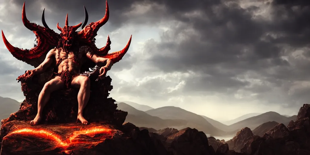 Prompt: 8k realistic image of The Devil Astaroth sitting on his throne with a gloomy mountaineous landscape