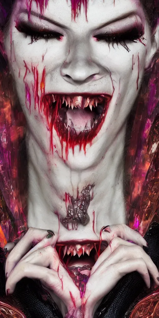 Image similar to impossibly beautiful vampire with large vampire fangs, full body, leather, intricate complexity, surreal horror, psychedelic glitch art, rainbow drip paint, trending on art station, photoreal, 8 k, octane render