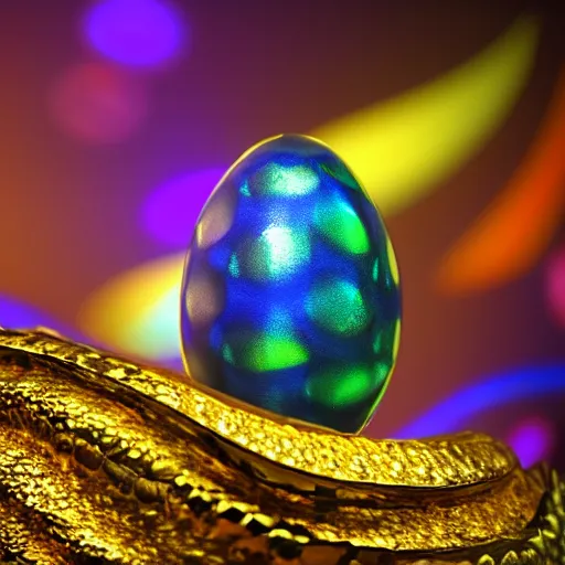Image similar to a colorful refractive dragon scale egg sitting on a nest of gold rings, photorealistic, symmetrical, unreal engine