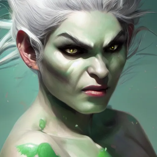 Image similar to a half-orc woman with green skin and white hair, digital art, intricate, elegant, digital painting, concept art, smooth, sharp focus, illustration, by Ruan Jia and Mandy Jurgens and Artgerm and William-Adolphe Bouguerea