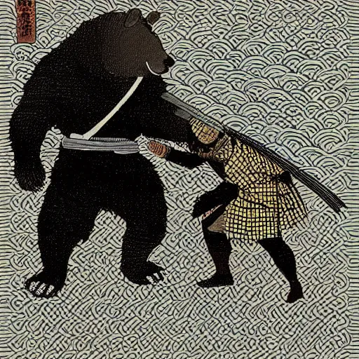 Prompt: Samurai fighting a giant bear, art by Ben Bauchau, digital art, artstation, pen and ink work. sharp focus.