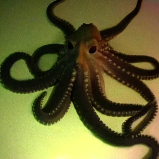 Image similar to a scary octopus caught on trailcam nightvision footage camera, grainy low quality