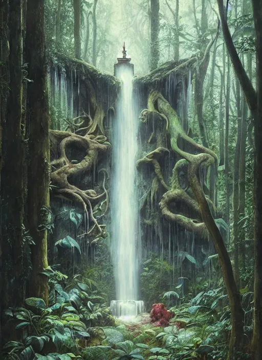 Image similar to a hyper realistic architectural witch shrine under a waterfall in the woods, gorgeous lighting, lush forest foliage, painting by chiara bautista and tom bagshaw, muca beksinski and norman rockwell and greg rutkowski weta studio, and lucasfilm