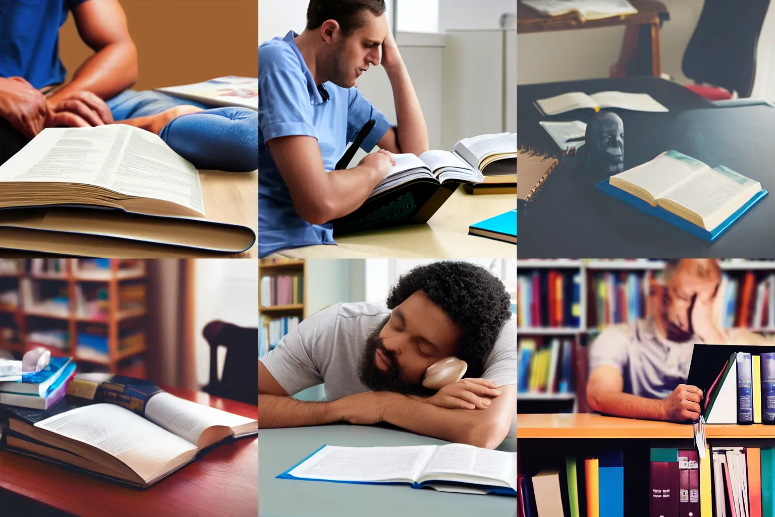 Prompt: textbook with the cover titled Breathing for Dummies sitting on a desk next to a person who has fallen asleep